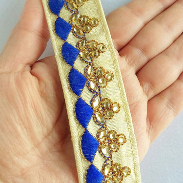 Beige Fabric Trim With Gold And Fuchsia Pink / Royal Blue Embroidery, Kundan Work Embellishments - 200317L144 / 145